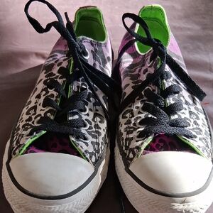 Converse Black and White Leopard Print Sneakers with Green Accents